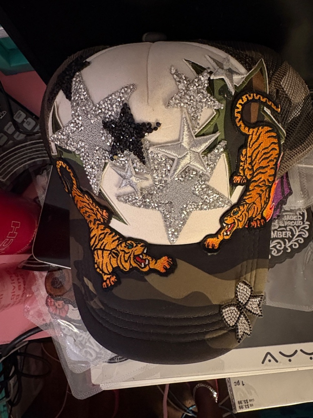 Hand Crafted Camouflage Trucker Hat with Tigers and Silver Stars